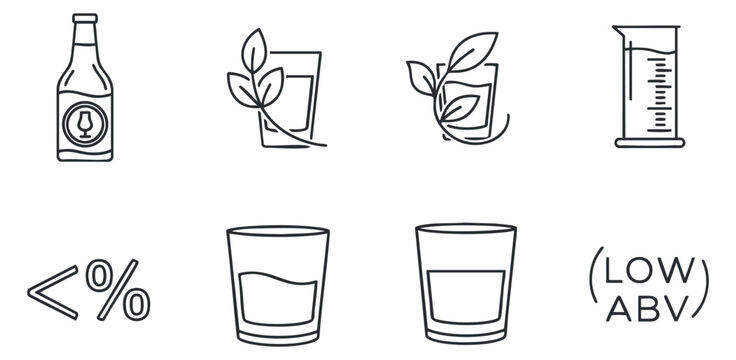 A set of minimalist outline icons featuring a beverage bottle, glasses, plants, and measurement tools, ideal for health-focused branding and design