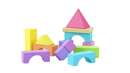 Colorful Wooden Building Blocks Stacked on White Background