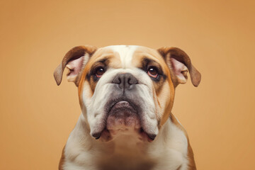 Fototapeta premium Bulldog looks up with curious eyes in front of a plain background during daytime indoors