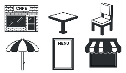 Fototapeta premium A collection of cafe elements including a cafe building, table, chair, umbrella, and menu in black and white minimalist vector style, ideal for restaurant branding and design