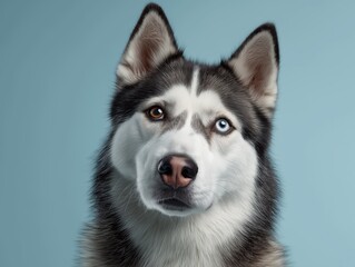 Husky dog with two different colored eyes stands against a blue background and looks directly at the camera during indoor session