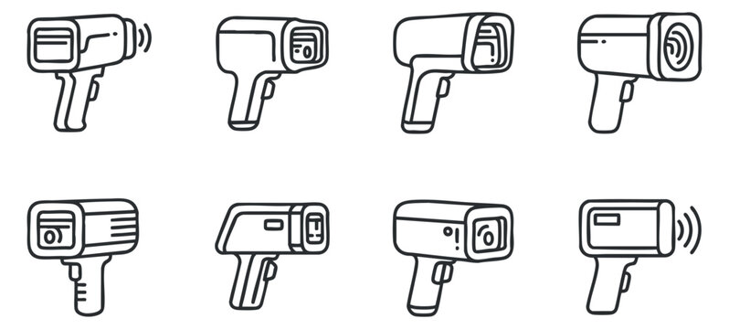A collection of barcode scanners in black and white line art vector style, suitable for retail and technology applications