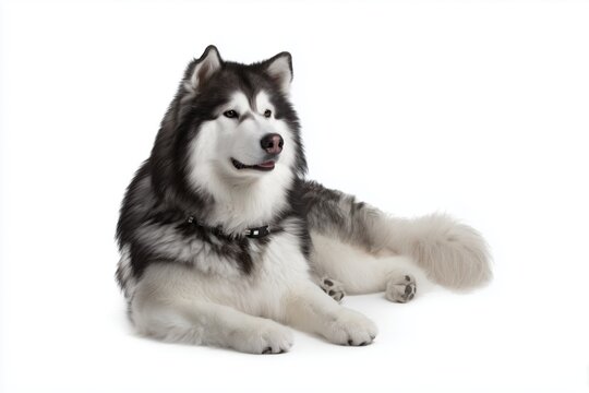 Siberian Alaskan Malamut resting on white background in indoor setting during daytime