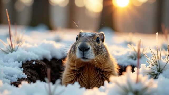 Groundhog emerging from burrow in snowy landscape, surrounded by frost-covered grass and illuminated by warm sunlight filtering through trees in the background