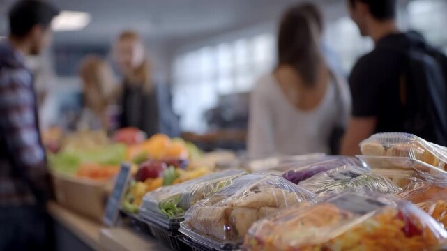 Medium shot emphasizing a vibrant grabandgo section with prepacked meals in clear focus and students moving in soft blur behind.