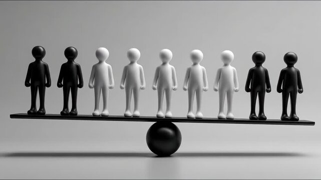 Balanced scale with a group of diverse people representing fairness and equality in a conceptual design. Conceptual Equality Balance with Minimal Figures &ndash; Animated Video Version