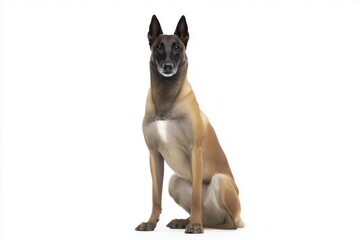Obraz premium Dog Belgian Malinois sitting on white background in studio during daytime showing alert posture