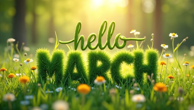 Grass letters spell Hello March in sunny meadow filled with small white and yellow flowers. Soft green natural background suggests springtime arrival and freshness.