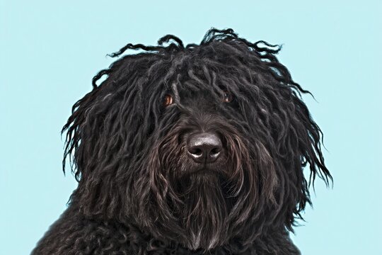 Black Puli dog with curly fur sits against a light background during a studio session