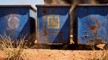 Rusted Recycling Bins with Symbols in Desert Landscape &ndash; Symbol of Failed Sustainability and Industrial Decay