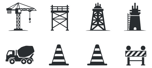 Fototapeta premium A collection of construction and safety icons including a crane, tower, cement truck, and traffic cones in black minimalist vector style, ideal for construction projects and safety signage
