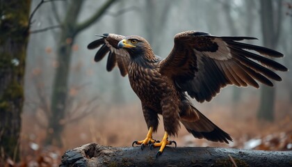 Obraz premium Brown eagle bird with spread wings stands on tree log in misty forest. Majestic raptor poised for flight, hunts in wild woodland with eyesight, strong talons.