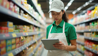 Young woman in supermarket uniform checks inventory on tablet. Employee works stocking shelves in grocery store. Retail worker manages stock in shop aisle.
