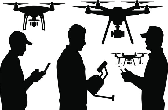 Drone pilots and quadcopter silhouettes vector illustration showing aerial technology operation, teamwork and remote control flight concept for modern industry