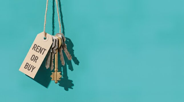 Rent or Buy Real Estate Concept With Keys Hanging on Teal Background