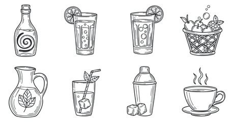 Obraz premium A collection of various drink illustrations including cocktails, smoothies, and a coffee cup in minimalist line art style, perfect for beverage menus and restaurant branding