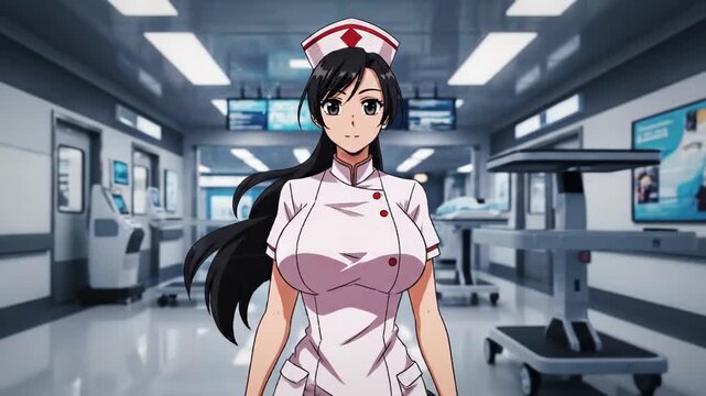 Anime Nurse Standing In Icu, Intense Monitor Panels And Bed, Focused Expression, Emergency Equipment And Ventilator Visible, Professional Resuscitation Posture And Steady Support For Critical Patient.