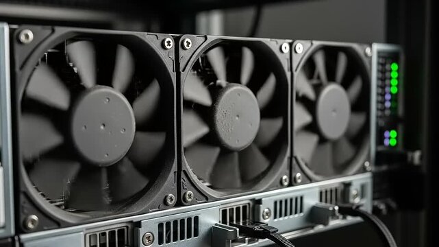 Closeup of server fans in operation cooling technology.