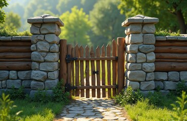 Obraz premium Rustic wooden gate with stone pillars guards entry to secluded property. Log walls and stone foundation create a charming barrier. Stone path leads to entrance surrounded by rich green nature.