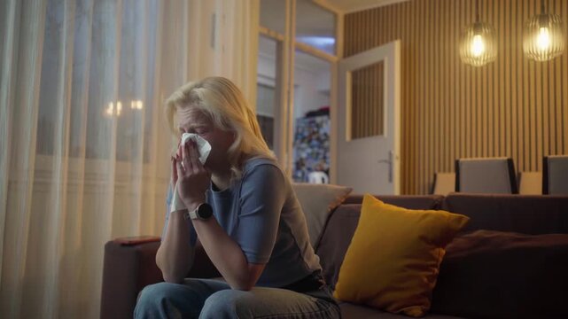 Unhealthy woman sits in on sofa and sneezes or blows her nose into a napkin because she has a cold, flu.