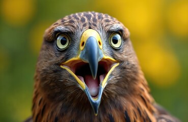 Obraz premium Close-up portrait of brown eagle with wide eyes, open beak, looking surprised. Bird yellow accents around eyes, mouth with blurred green, yellow background. Feathers show intricate details of brown,
