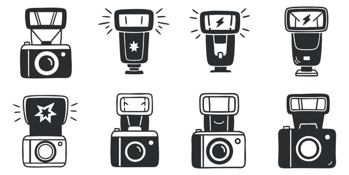 A set of camera and flash icons in black and white minimalist vector style, ideal for photography-related projects