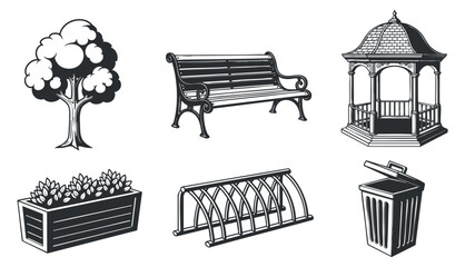 A collection of park elements including a tree, bench, gazebo, planter, and trash can in black and white vector style, ideal for urban landscaping projects