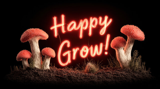Magic mushrooms with glowing text Happy Grow!