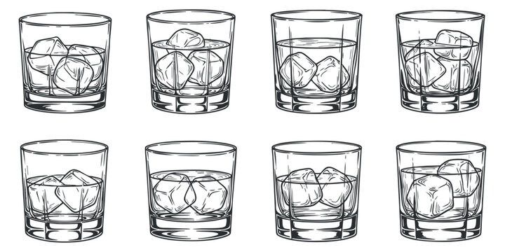 A collection of eight outline vector illustrations of glasses filled with ice cubes, suitable for beverage branding and bar menus