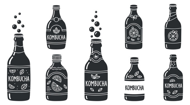 A set of kombucha bottles with various flavors and bubbles in minimalist black and white vector style, perfect for beverage branding and packaging