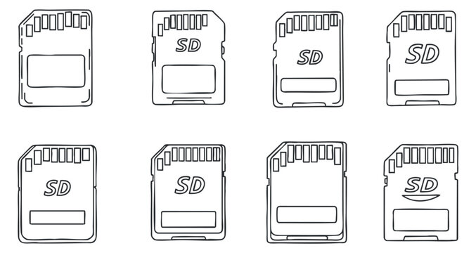 A set of eight outline icons of SD memory cards in minimalist vector style, ideal for technology and digital media design