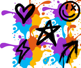 Colorful paint splatter background with black doodle icons