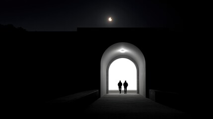 Soft Crescent Moonlight Beam Falling on a Dark Archway with Silhouetted Figures