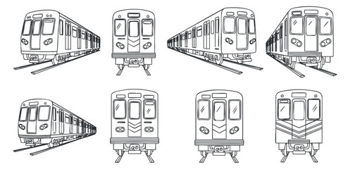A collection of eight train illustrations in black and white outline vector style, ideal for transportation design projects