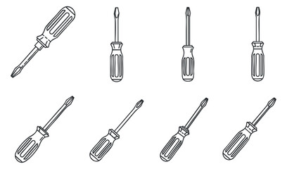 Naklejka premium A collection of various screwdrivers in outline vector style, suitable for technical illustrations and DIY projects