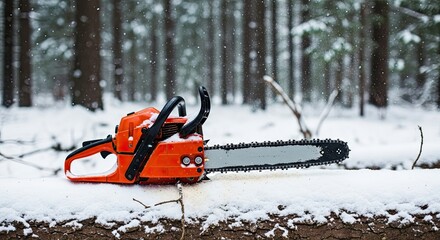 Orange Chainsaw Lying on Snow-Covered Log in Winter Forest with Falling Snow