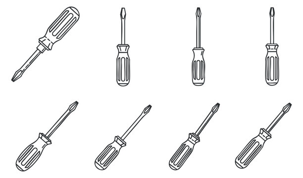 A collection of various screwdrivers in outline vector style, suitable for technical illustrations and DIY projects