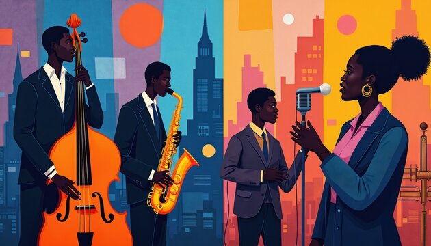 African American musicians play jazz instruments in front of city skyline. Jazz singer performs at microphone with band. Black artists celebrate Harlem Renaissance music and culture.