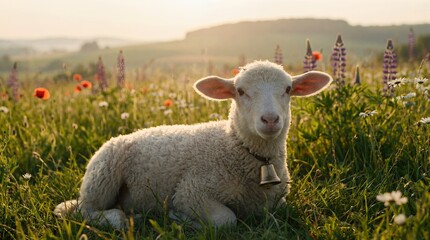 Obraz premium Young White Lamb Lying in Meadow with Wildflowers at Golden Hour