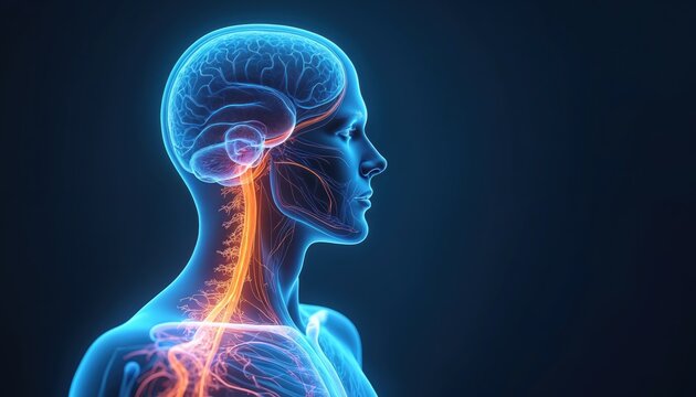 Human anatomy with glowing blue nervous system, brain. Vibrant orange vagus nerve pathway runs from brainstem down neck, body. Detailed medical science illustration for health care concepts, research.