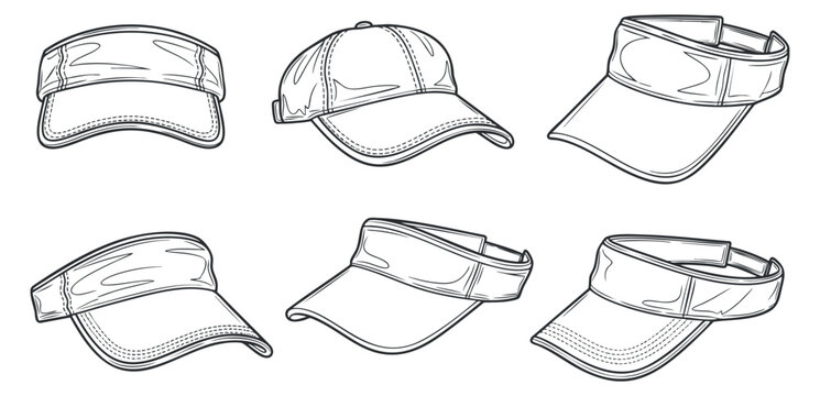 A collection of six different styles of caps and visors in clean black and white outline vector style, perfect for fashion and branding projects
