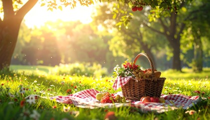 Picnic basket on a blanket outdoors.