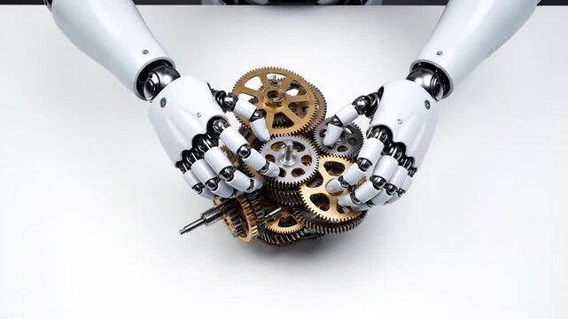A close-up, top-down view shows articulated white robotic hands gently holding a handful of brass and silver clockwork gears and components against a white backdrop, symbolizing technology, precision
