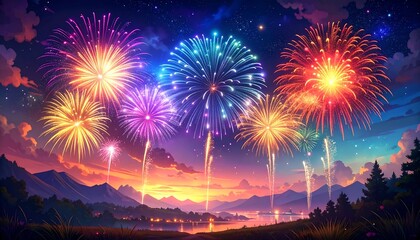 Vibrant Fireworks Display at Dusk Celebration.