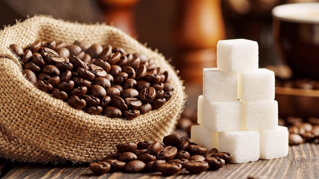 Aromatic coffee beans in burlap sack with sugar cubes on rustic wooden table