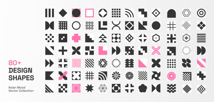 Geometric icon shapes vector set. Abstract symbols collection in minimal black and white with pink accents. Modern Asian Design Elements for branding, logo, pattern
