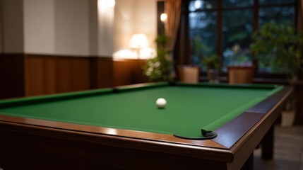 Elegant Snooker Table Bathed in Soft Light in an Empty Room with Plants