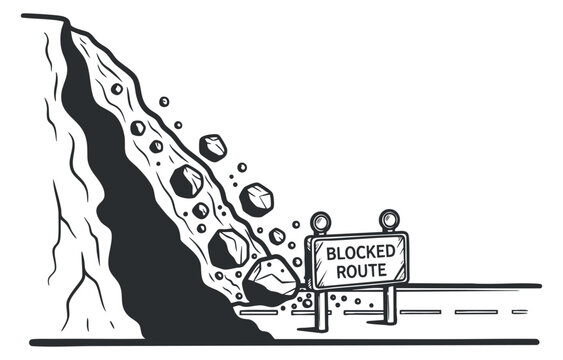 A landslide with a blocked route sign in black and white outline vector style, suitable for safety and warning graphics