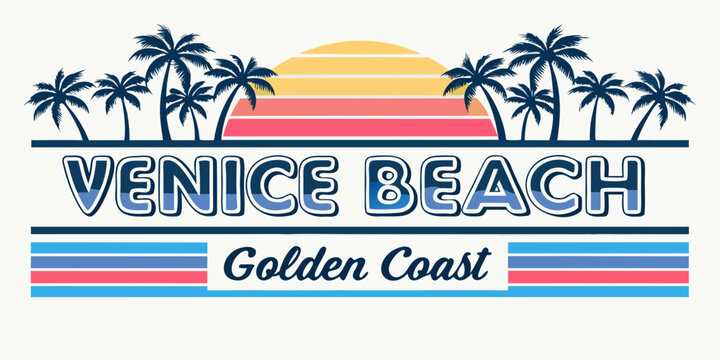 Venice beach golden coast palm trees sunset and retro typography design
