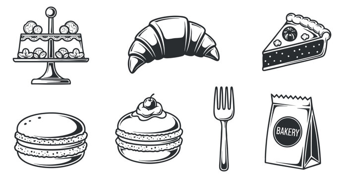 A collection of bakery items including a cake stand, croissant, macarons, and a slice of pie in black and white vector style, ideal for food-related branding and design